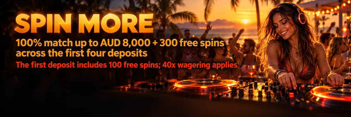 Cinematic seaside festival scene with a headphone-wearing female DJ, orange-red lighting and a free-spins casino promotion