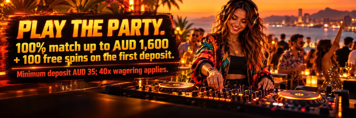Photo-real female DJ operating a compact audio mixer at a dark rooftop casino party with warm orange and red promotional lighting